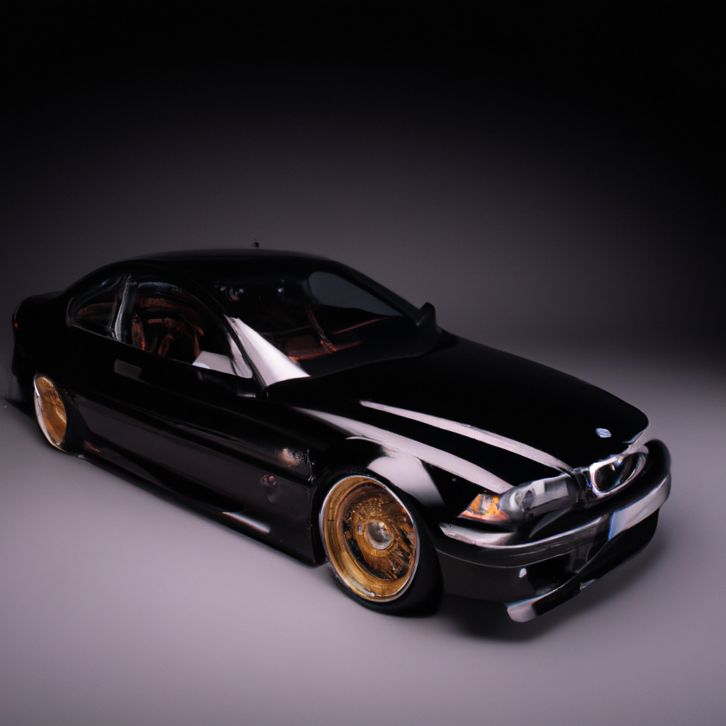 A black BMW E46 with gold rims and sport body kit in a photography studio with front view