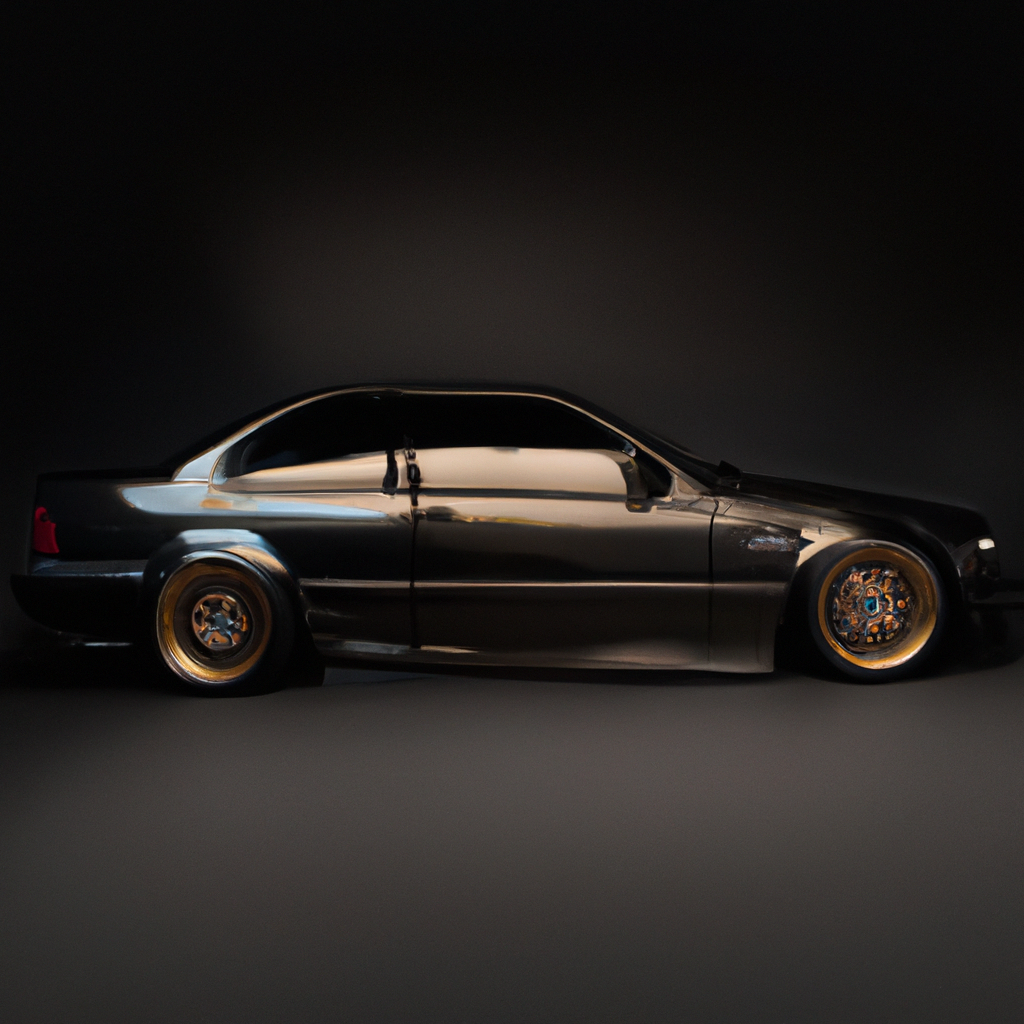 A black BMW E46 with gold rims and sport body kit in a photography studio